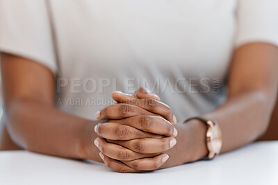 Buy stock photo Hands, meeting and manager with a business woman at a table in her office for a discussion or review. Human resources employee at a desk during an interview and hiring new staff for future growth