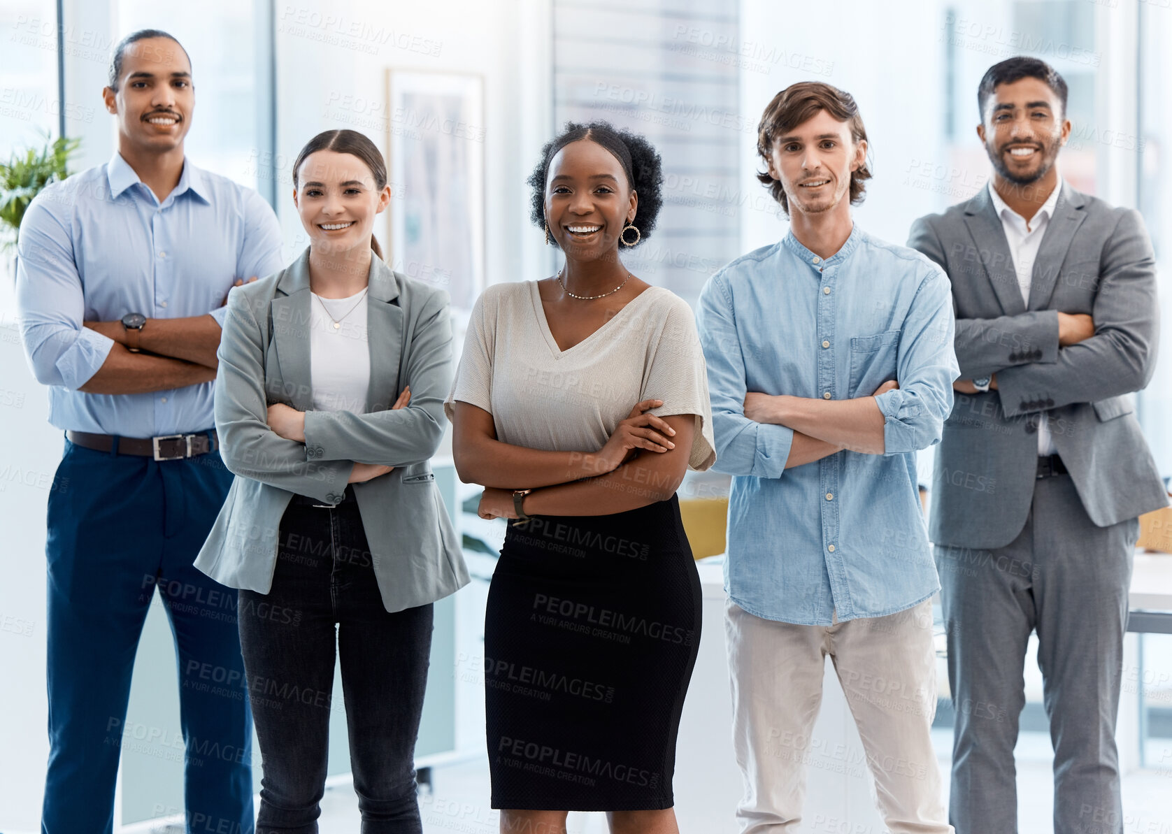 Buy stock photo Collaboration, teamwork and leadership with proud business, partner standing in unity and power in an office. Portrait of smiling diverse team leader on a mission for success with goal and vision