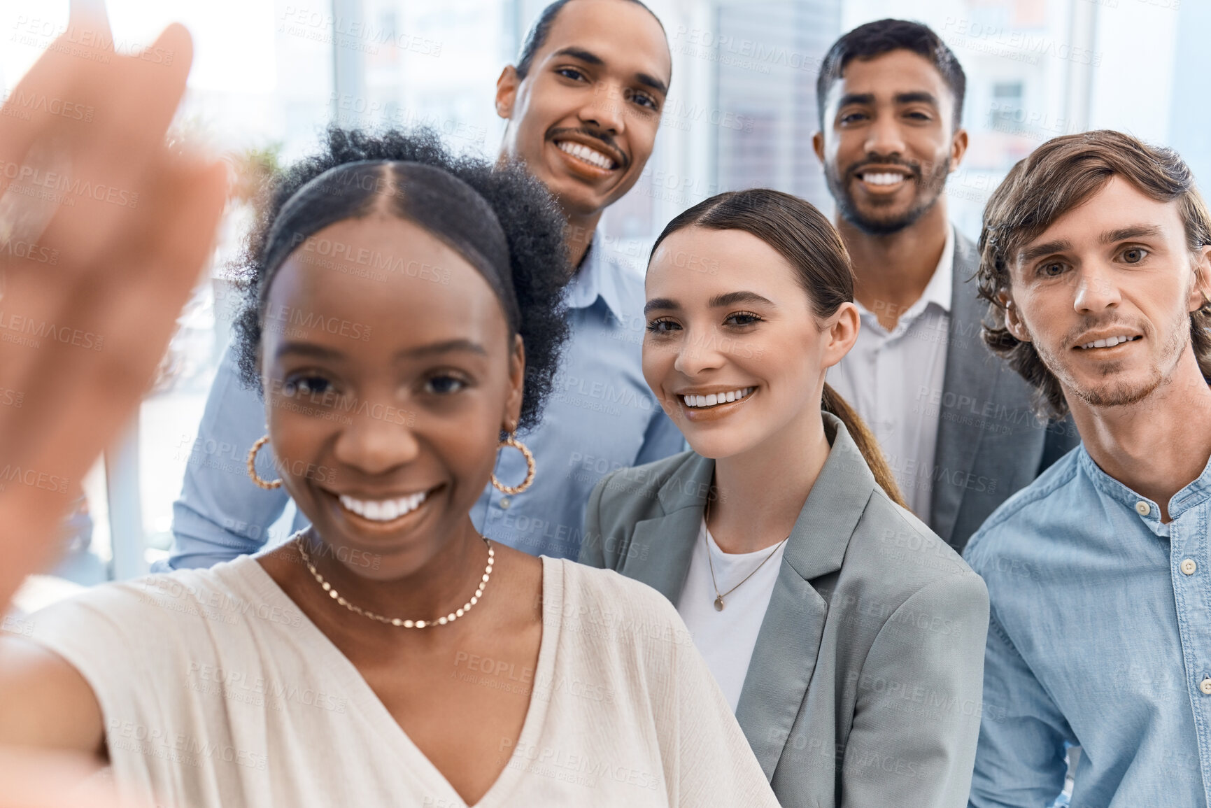 Buy stock photo Diversity, team and selfie of happy business people or friends together in unity at the office. Portrait of fun, playful and smile corporate group of professional employee workers in the workplace. 