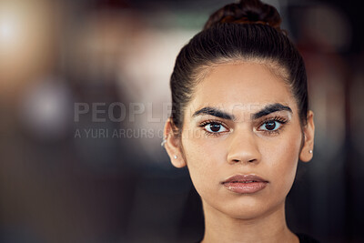 Buy stock photo Beauty, power and face portrait of a woman or model with facial wellness in feminine voice protest over mockup. Serious female in empowerment, strength and courage with makeup over bokeh background.
