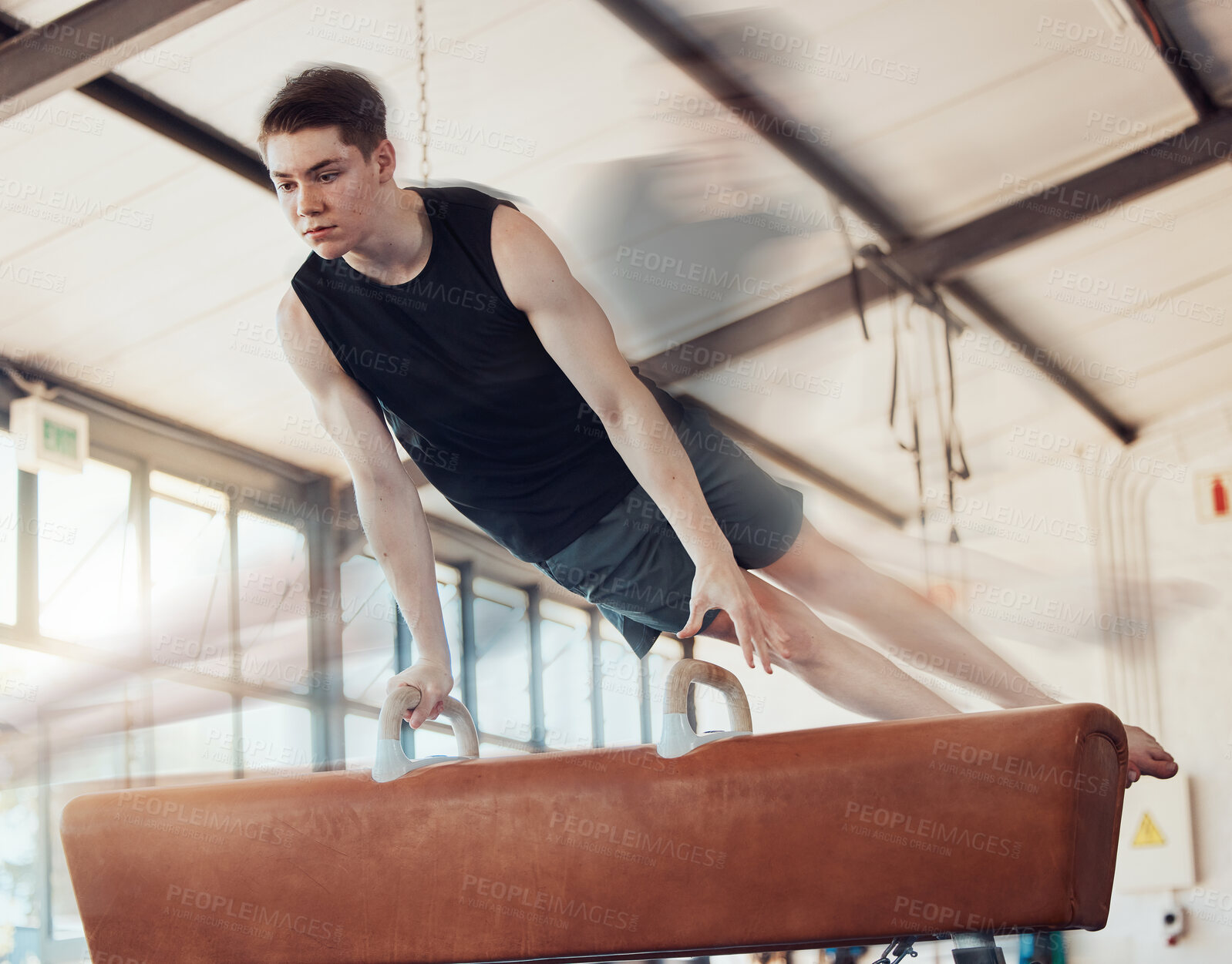 Buy stock photo Man doing fitness training exercise at gym, sports motivation for health and workout for strong body at sport club. Athlete doing cardio gymnastics with power, exercise for wellness and competition