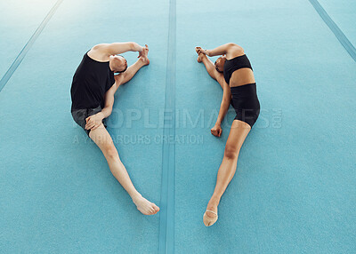 Buy stock photo Gymnastics, fitness and people training in a gym stretching and preparing for a competition. Active, workout and strong man and woman practicing agility and flexibility for a competitive sport