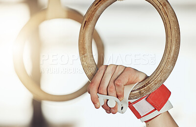 Buy stock photo Hands of man gymnast training on rings for strong muscle power exercise and sport fitness performance goal. Healthy sports athlete or aerobic talent train on gym equipment for competition workout
