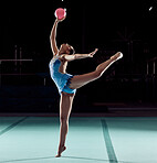 Woman dancing on floor in sport competition, training performance with ball in arena and dancer doing dance at social event or concert. Professional athlete doing gymnastics for exercise and health