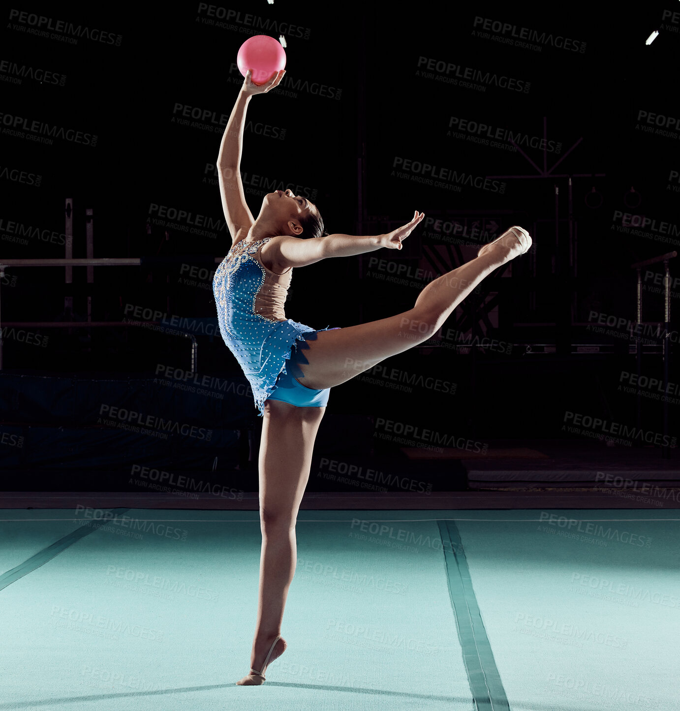 Buy stock photo Woman dancing on floor in sport competition, training performance with ball in arena and dancer doing dance at social event or concert. Professional athlete doing gymnastics for exercise and health