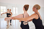 Training, fitness and ballet teacher teaching a ballerina a dance routine in a studio or center, happy and excited. Young performer learning rehearsal motion and posture, looking elegant and classy