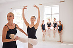 Ballet teacher, students or team training on studio floor, gym or theater for a competition or exercise. Ballerina, coach and fitness coaching workout or creative dance art for balance at school.