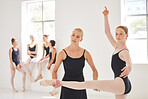 Ballet education school teacher training learning student, kids or dancer at studio. Woman help and teaching creative dance performance and balance exercise to academy students team, people or girl
