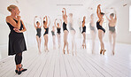 Training, fitness and ballet or ballroom teacher and student in artistic timelapse of a dance practice in a studio. Elegant dancer in classical performance, showing balance, grace and precision 