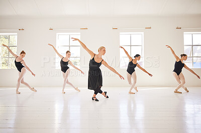 Buy stock photo Ballet, dance students and teacher in class for practice, training and performance in studio. Classic art dancers moving with balance, grace and passion during a lesson at a ballerina dancing school