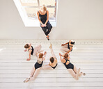 Education, ballet school teacher speech to learning students or kids at performance art studio. Woman or coach help and training creative dance exercise to academy team, girl or people relax on floor