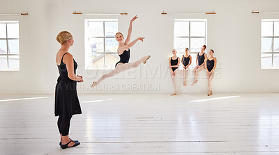 Buy stock photo Ballet teacher, dance students and studio with group diversity of ballerina dancers in creative theatre jump performance. Theater room, art or training women in beauty or elegant learning stage class