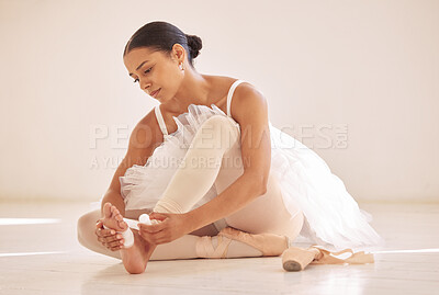 Buy stock photo Creative, fitness ballet dance injury or ballerina feet injured in sports accident on studio floor. Workout pain, joint or broken foot and artistic performance dancer art or health exercise training
