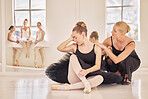 Stress, sad and bullying ballet dance student with teacher support, help and care in studio class with group of women. Young girl crying after fail performance losing competition in dancing academy