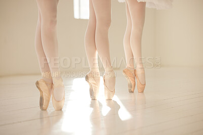Buy stock photo Ballet, dance and toe shoes with a dancer, ballerina and performance artist in a studio for training, practice and rehearsal. En pointe, technique and skill with artistic dancing and movement