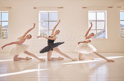 Buy stock photo Ballet, training and dance studio with women learning with teacher a creative art performance. Beautiful, artistic and elegant fitness student ballerina, dancing to practice for theater show