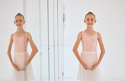 Buy stock photo Young ballet dancer dancing in a dance studio or class and learning or training for performance and at school. Portrait of a happy, elegant and smiling little girl ballerina or child performing