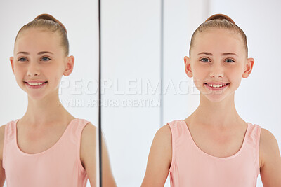 Buy stock photo Ballet dancer happy at dance training, Girl with smile at school for dancing and learning creative art performance in room. Portrait of face of a ballerina student and girl in class at studio