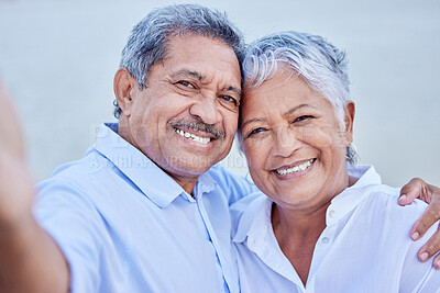 Buy stock photo Love, happy senior couple or family taking selfie and happy smile for social media app on date. Portrait of elderly man and woman face enjoying retirement on break, vacation or holiday.