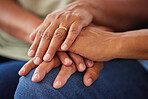 Support, cancer and trust by couple hands holding in love and comfort together in the hope of unity. Closeup of united people touching and showing compassion and care for a happy marriage