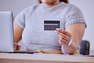 Buy stock photo Credit card, online shopping and payment on laptop from internet, web or cyber retail store. Client, customer or business woman making purchase using electronic banking app or website.