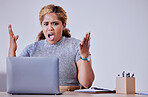 Stress, angry and frustrated corporate woman working on laptop, annoyed with glitch and slow internet. Office worker open mouth in shock, fail subscription cancel or system mistake, tech difficulty