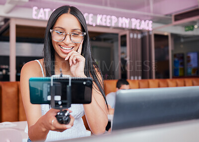 Buy stock photo Social media influencer and phone with a woman recording content and live streaming subscription service for subscribers. Podcast, blog and video upload with a young female creator at a coffee shop