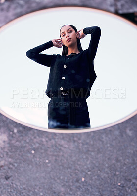 Buy stock photo Fashion, beauty and mirror reflection of trendy look, style or clothes of a woman feeling confident in black. Portrait, art deco and beautiful youth influencer or model standing on the street 