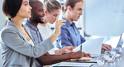 Buy stock photo Business meeting with woman hand raise in boardroom for question on diversity and company business strategy success. Corporate management team presentation and planning of global vision and mission