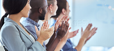 Buy stock photo Motivation, innovation and community support by clapping workers at a conference or presentation. Diverse team applause, cheering and inspired at a training seminar or meeting, positive audience