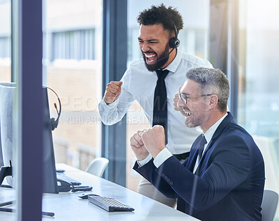 Business people happy on success on trading, stock market and financial investment or forex. Invest, teamwork and strategy corporate finance team cheer for business profit data during economy growth
