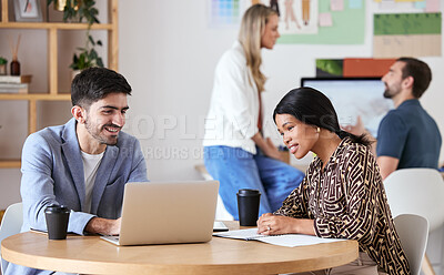 Buy stock photo Collaboration, teamwork and strategy meeting for business colleagues sitting at a desk and working together. Happy coworkers writing a growth proposal or marketing plan together at the workplace