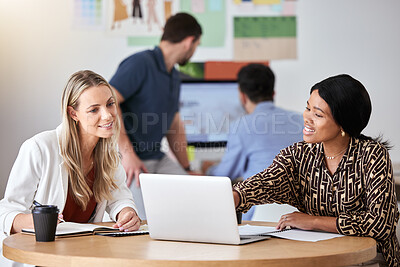 Buy stock photo Business women planning laptop ideas, vision and teamwork project in startup office agency. Diversity workers, designers and staff collaboration, meeting and discussion for creative company strategy