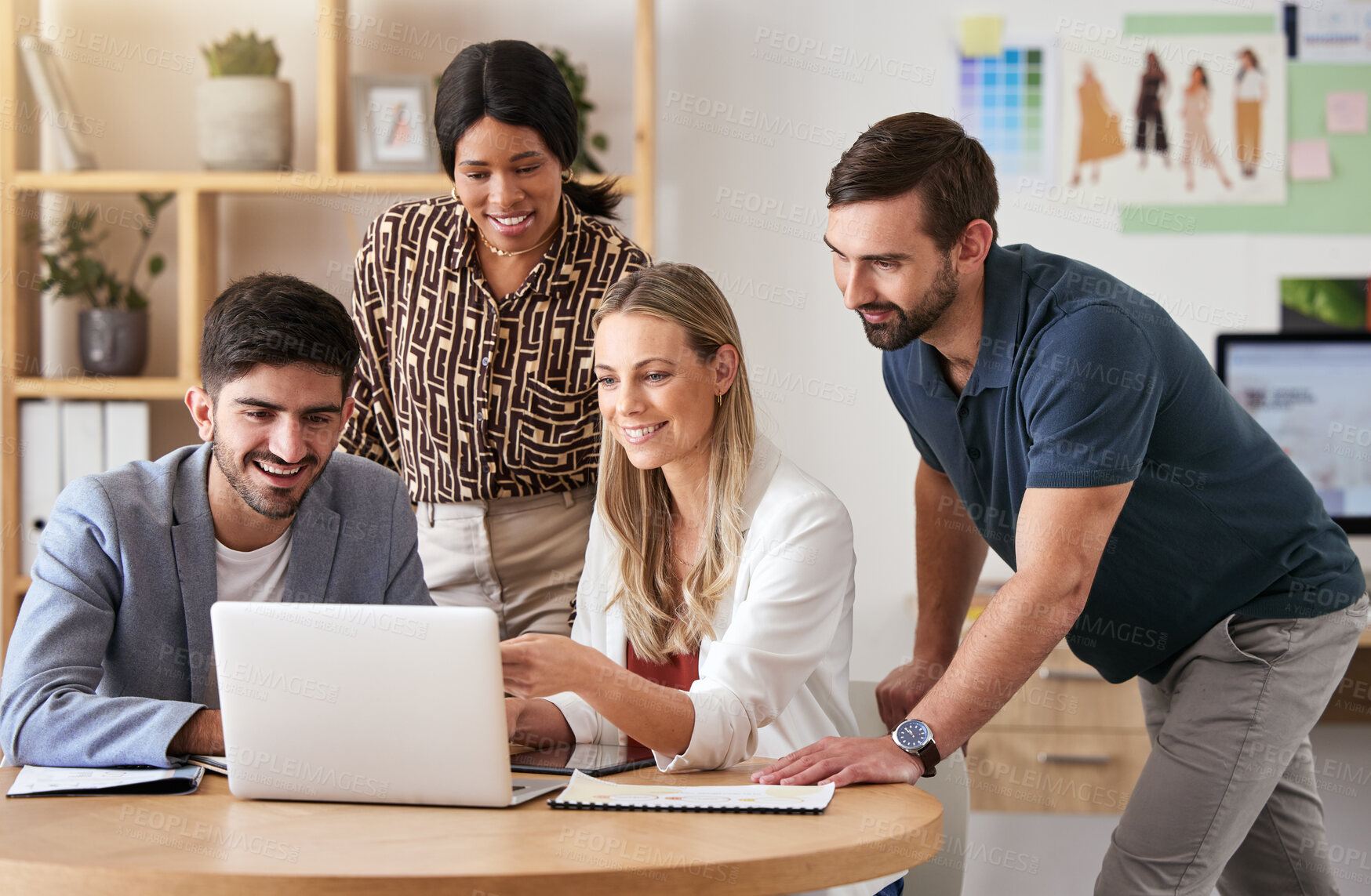 Buy stock photo Sales, strategy and business people in a meeting about digital marketing, vision and advertising idea on laptop. Teamwork, collaboration and innovation planning with happy, smile and young group