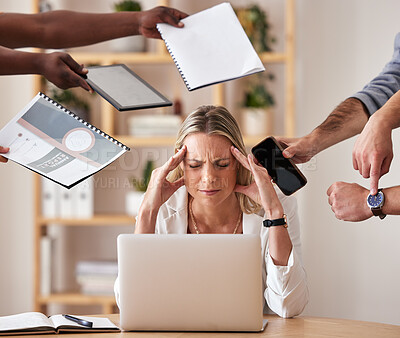 Buy stock photo Burnout, headache and stress business woman or entrepreneur working with depression, anxiety and mental health in office space. Corporate employee feel tired, sad and anxious about deadlines.