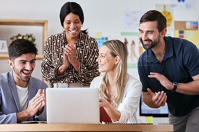 Buy stock photo Business teamwork clapping for deal success, achievement and winner motivation while working on laptop in startup office. Happy company of people, employee collaboration and worker in support of goal