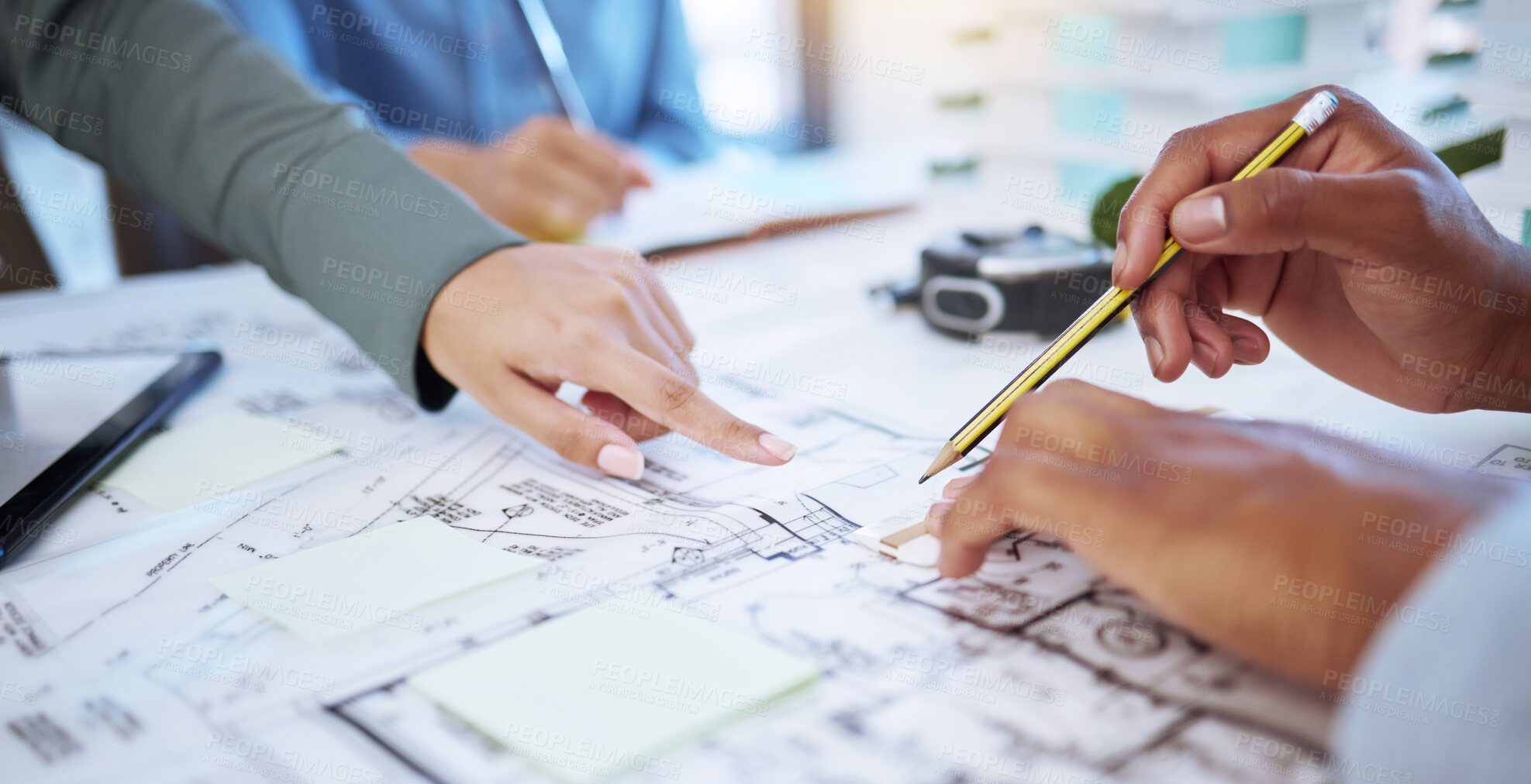 Buy stock photo Architect, planning or blueprint with a designer and engineer working as a team in construction, architecture and design industry. Building, teamwork and collaboration with the hands of a contractor