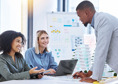 Buy stock photo Team, design and architecture of a group of architect people working on a site plan or strategy with laptop and digital tablet. Business contractors in teamwork, planning and paper design layout.
