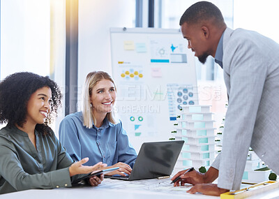 Buy stock photo Business people planning in collaboration in meeting, writing on paperwork and working on laptop in office at work. Creative teamwork for strategy, team with corporate goal and soltuion for success