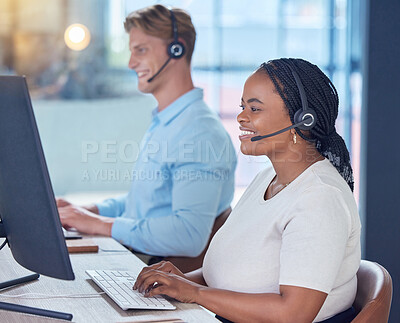 Buy stock photo Call center, office and contact us of a woman agent in customer support with happy smile in the workplace. Telemarketing employee working on a computer in the communication business at work.