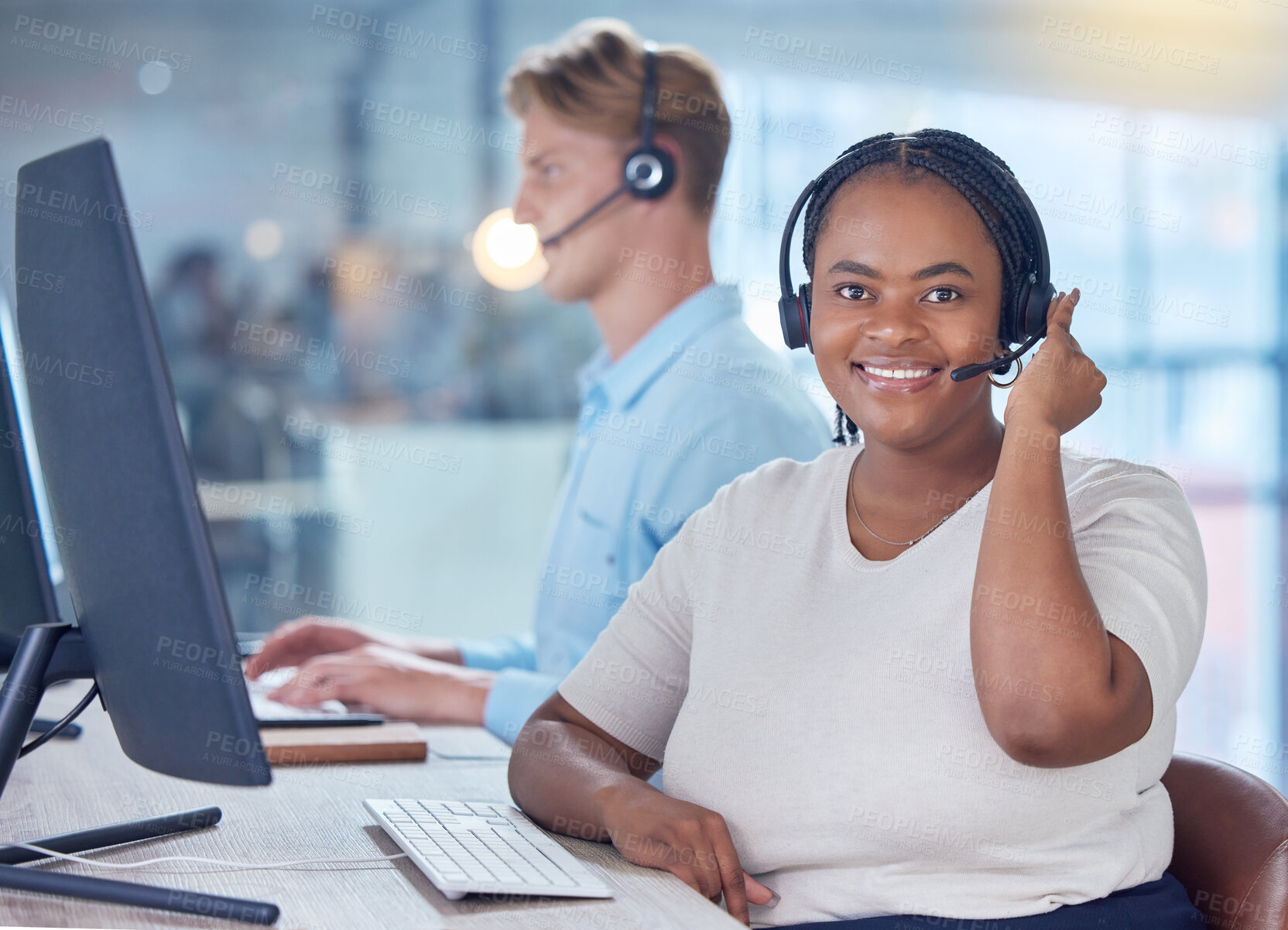 Buy stock photo Telemarketing, smile and call center worker on phone call communication with customer questions, sales or inbound marketing. Help desk consultant working in, contact us or customer support office
