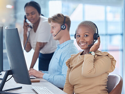 Buy stock photo About us, call center and contact us for our customer support desk to help you with insurance loans. Thank you, telemarketing and happy customer service consultant agent with a smile and headset 