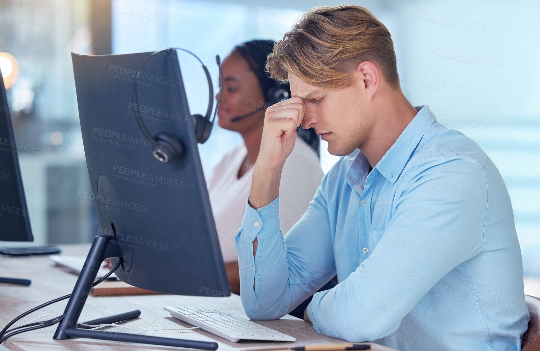 Buy stock photo Mental health, finance and businessman with a headache due to stress, anxiety and burnout at work desk in the office. Overwhelmed, migraine and in pain person feeling tired about a bad mistake on pc