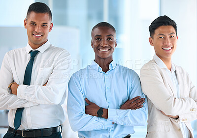 Buy stock photo Diversity, collaboration and business team of men proud of company growth due to teamwork and support. Portrait of happy diverse colleagues smiling in an office excited by the corporate mission
