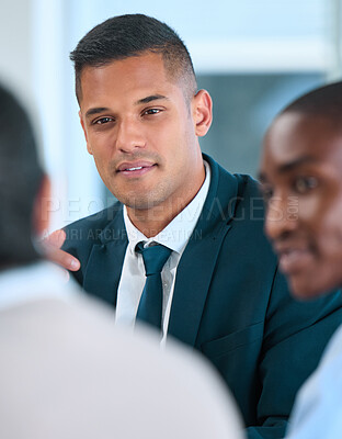 Buy stock photo Teamwork, business man and corporate worker meeting with diversity business people for planning, innovation or strategy. Motivation, global vision or company growth mindset in office business meeting