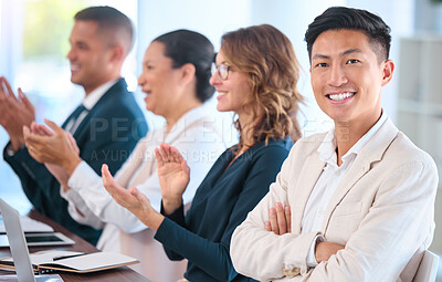 Buy stock photo Teamwork, motivation and celebration with clapping business people cheering during speech or presentation. Portrait of a happy employee enjoying his career while sitting with diverse team in training