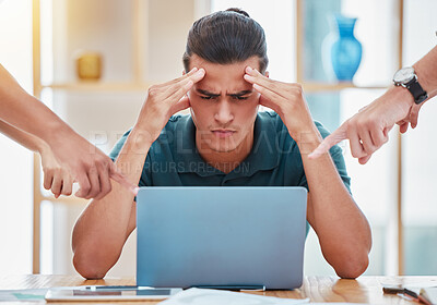 Buy stock photo Stress, anxiety and burnout of business man in busy, difficult and frustrated office. Working with headache from deadline, tax audit and job challenge with risk of depression, crisis and 404 mistake
