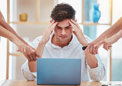 Buy stock photo Business man with stress, anxiety and burnout in busy, demanding and frustrated office. Headache from deadline, poor time management and work challenge risk with depression, crisis and 404 mistake