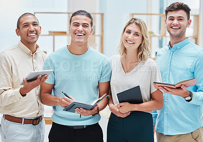 Buy stock photo Motivation, diversity and a team of business people with tablet, notebook and smile. Motivated, young and happy interns at a startup, ready to take notes. Planning, success and teamwork in the office