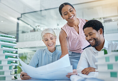 Buy stock photo Architecture, designer and happy engineering team speak of their development office building project blueprint on paper. Smile, model and teamwork in collaboration meeting for floor plan discussion